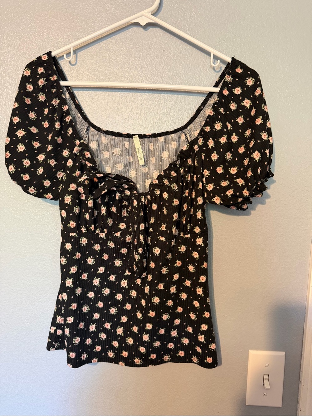 Bluebelle Black Floral Smocked Tie-Front Puff Sleeve Top